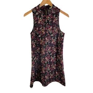 VTG LUSH Women Mock Neck Sleeveless Mini Dress Dark Florals Small Whimsigoth USA